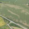 Oblique aerial view of the cropmarks of the enclosure at Delny Station and quarries at Polnicol, looking SE.