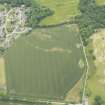 Oblique aerial view of the cropmarks of the enclosure and pits, looking NNE.