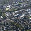 Oblique aerial view of the Edinburgh Tramway, Tynecastle Stadium and Haymarket Motive Power Depot, looking to the S.
