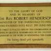 Detail of commemorative plaque to Rev. Robert Henderson