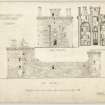 Front elevation, section through dungeons and west elevation of Caerlaverock Castle.
