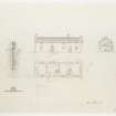 Survey drawing. Kilbride Farmhouse; south elevation, ground floor plan, section and cruck detail;
