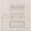 Survey drawing of cruck framed cottage featuring ground floor plan, south east elevation, north east elevation and section; Kincraig.