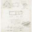 Survey drawing of cruck framed building and corn drying kiln, showing cross section, plans and sketch view; Cuaig Township, Applecross.