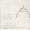 Survey drawing of cruck framed cottage featuring a plan and cruck profile; Camserney.