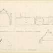 Draft survey plan, section showing cruck frame, section showing pitched roof structure and details of moulding profiles; Dornock, Dumfrieshire.