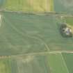 Oblique aerial view of the cropmarks of the possible sunken floored building, quarry and pits, looking SE.