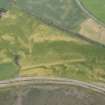 Oblique aerial view of the cropmarks of the palisaded enclosures and round house, looking ESE.