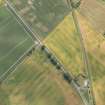 Oblique aerial view of cropmarks of the enclosure, field boundary and rig, looking ESE.