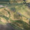 Oblique aerial view of cropmarks of the Roman camp, linear features, enclosures, ring ditches and rig, looking NNW.