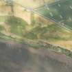 Oblique aerial view of cropmarks of the Roman camp, enclosures, ring ditches and rig, looking N.