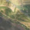 Oblique aerial view of cropmarks of the Roman camp, enclosures, ring ditches and rig, looking N.