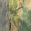 Oblique aerial view of cropmarks of the Roman camp, linear features, enclosures, ring ditches and rig, looking W.