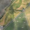 Oblique aerial view of cropmarks of the Roman camp, linear features, enclosures, ring ditches and rig, looking SW.