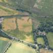 Oblique aerial view of the cropmarks of the ring ditches, linear features, pits and rig, looking SSE.