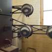 Ground floor, control panel, detail of meters on swinging arms and made by Kelvin, Bottomley and Baird (originaly Kelvin and James White Ltd) Glasgow and London, c. 1913