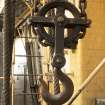 Ground floor, close detail of hook from 5 ton SWL overhead crane hand powered by Herbert Morris and Co of Loughborough