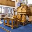 Interior. General view of pulpit and altar area.