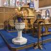 Interior. General view of pulpit and altar area.