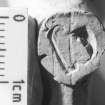 Unidentified heel mark, perhaps a harp, on clay pipe (DP00/072a). Scale 1 centimetre. (Colin Martin)