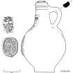 Frechen salt-glazed stoneware bottle (DP00/049) with sprigged face-mask and escutcheon (Bartmann). Cork stopper and liquid contents in place. Scale 5 centimetres. (Colin Martin)