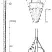 Left, complete spear and valve head (DP92/046) from a burr pump. The hole at the upper end is for the brake or pump-handle. Scale 50 centimetres. The detail on the right, with a 5cm scale, shows the conical valve head, and below it is a reconstruction (after T. Oertling, Ships' Bilge Pumps, 1996, Fig. 3) showing the umbrella-like leather valve attached to it. (Colin Martin)