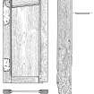 A small framed and panelled cupboard door (DP99/004). Its top part is angled to match the upper angle of the panelling seen in DP174888, and may be part of the same assembly. The plank (DP99/013) with both its edges moulded is not slotted for panels, and may be from another part of the stern cabin's interior cladding. Scale 30 centimetres. (Colin Martin)