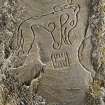Detail of large pictish stone fragment built into wall of steading