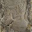 Detail of large pictish stone fragment built into wall of steading