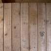 Barn, 1st floor, granary, detail of graffiti on wooden door