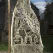 View of slab with carved pictish symbols (flash including scale)
