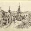 Sketch of the High Street, Falkland with Falkland Parish Church to the right.