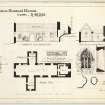 Longitudinal section looking south and ground plan of St Clement's Church, Rodel, Harris, and figure in south transept, section through nave and details and section of east window.