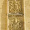 Detail of armorial panels on west face of stair tower.