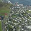 General oblique aerial view of Clickimin Leisure Complex and Gilbert Bain Hospital, Lerwick, looking N.