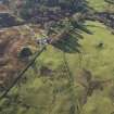 Oblique aerial view of the southern terminal of the Loch Doon Gunnery School railway,  cutting across the field and ending at a small loading platform by the Gaw Glen Burn, looking SW.