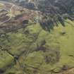 Oblique aerial view of the southern terminal of the Loch Doon Gunnery School railway,  cutting across the field and ending at a small loading platform by the Gaw Glen Burn, looking SSW.