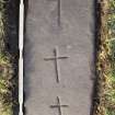 View of recumbent grave slab with three incised crosses (including scale) from St Fillian's Priory, Kirkton