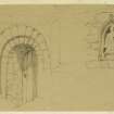 Drawing of details of door and carved panel at Borthwick Castle.
