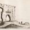 Engraving of remaining wall of Dunbar Castle with 4 heraldic stones above arched doorway.