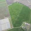 Oblique aerial view of the cropmarks of the linear features, possible quarry and rectilinear enclosure at Troustrie, looking W.