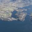 General oblique aerial view centred on Kylesku bridge and Garbh Eilean, looking NE.
