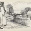 Sketch of an house and bridge.