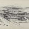 Sketch showing distant view of Walkerburn village and surrounding landscape.