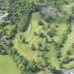 Oblique aerial view of Pitfirrane Golf Course, Pitfirrane Castle and gate piers, looking SSW.
