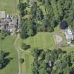 Oblique aerial view of Newliston House, stables and coach house, looking WSW.