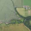 Oblique aerial view of the cropmarks of the fort with Reedy Loch farmstead beyond, looking N.