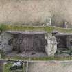 Near vertical aerial view of Eynhallow church nave looking NNE.