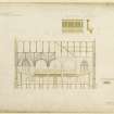 Drawing of section through Middle Church, Dundee; section and elevation of gallery breast and elevation showing panelling of doors and haffels of seating