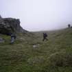 Working shot, RCAHMS St Kilda 2008. Mary Harman, Alex Hale and George Geddes ascending from Carn Mor.